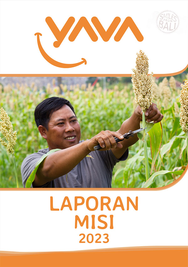 Sampul Laporan Misi YAVA 2023 dengan petani memanen sorgum di ladang.
