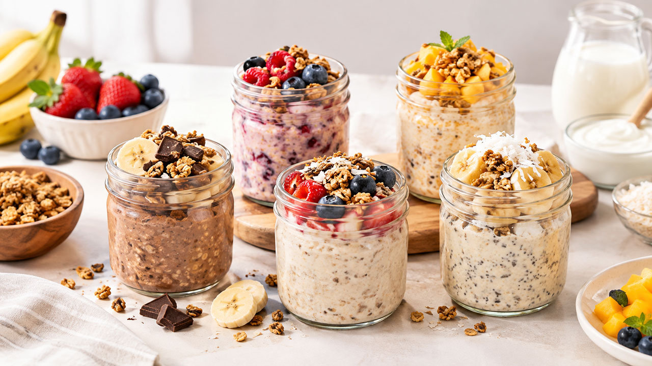 Berbagai overnight oats lezat dengan topping buah segar dan olahan gandum dipanggang untuk sarapan pagi