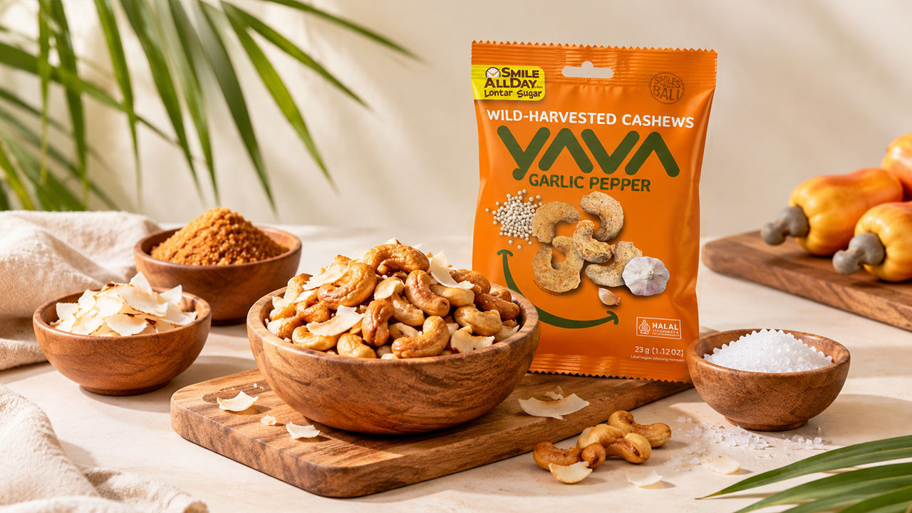 Kacang Mete YAVA, camilan sehat dan renyah hasil panggang dengan paduan kelapa panggang, gula lontar, dan garam laut murni.