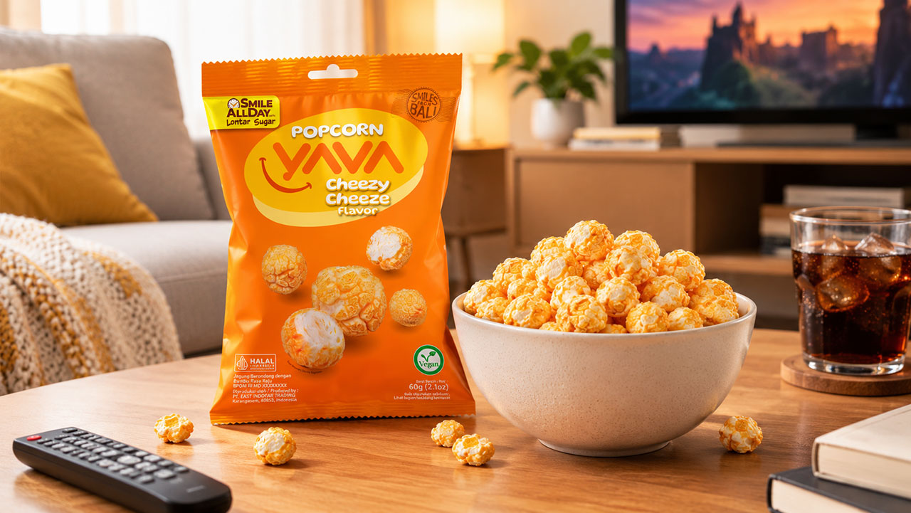 Kemasan YAVA Popcorn Cheezy Cheeze Flavor, camilan popcorn vegan rasa keju