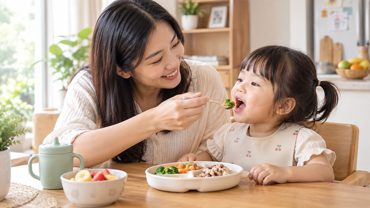 Seorang ibu sedang mendampingi balita yang belajar makan sendiri dengan tenang dan menyenangkan di meja makan