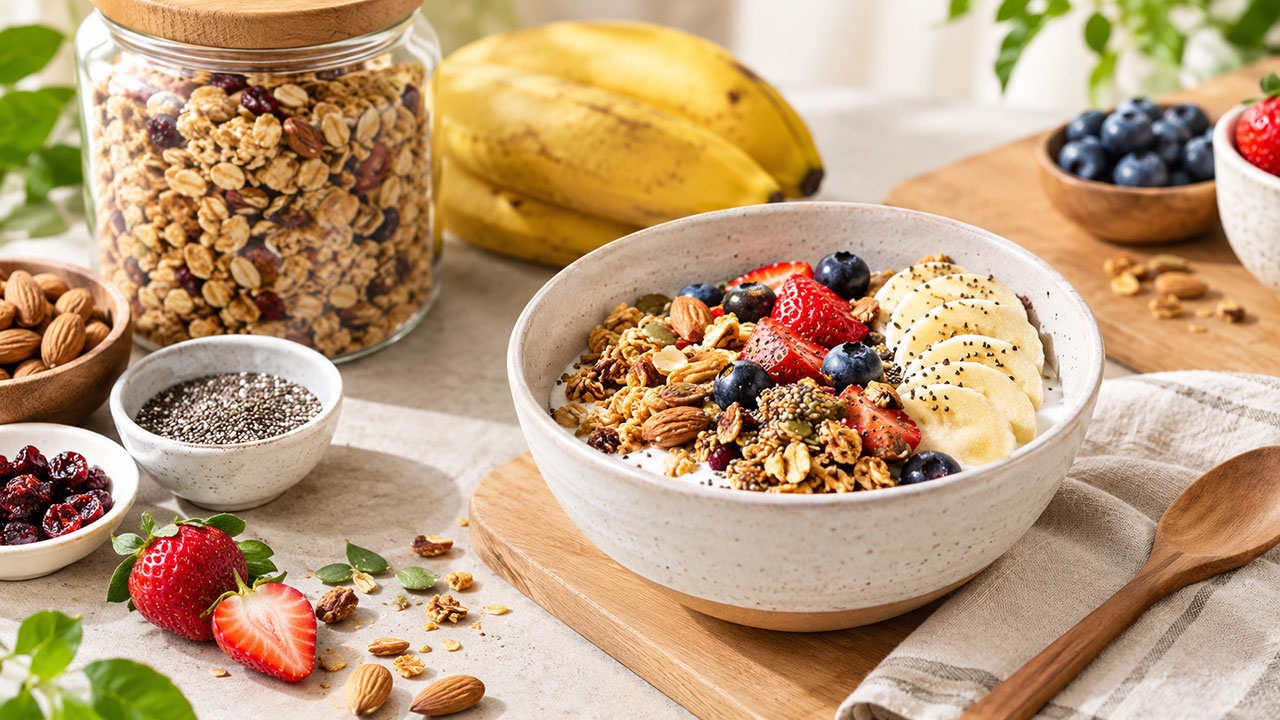Mangkuk sarapan granola sehat berisi yogurt, pisang, buah beri, kacang-kacangan, biji-bijian, dan buah segar, dikelilingi oleh bahan-bahan granola alami.