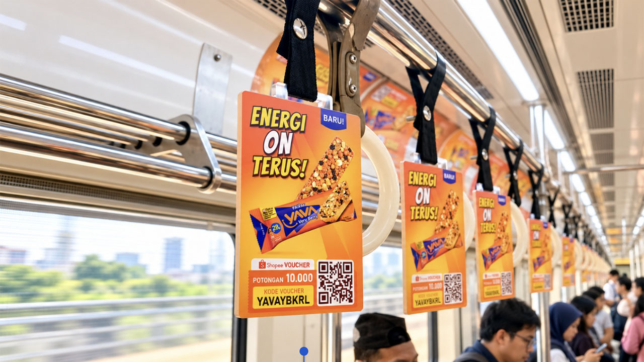 Gantungan promosi YAVA YA'Bar di gerbong KRL yang menampilkan kode voucher diskon Shopee.