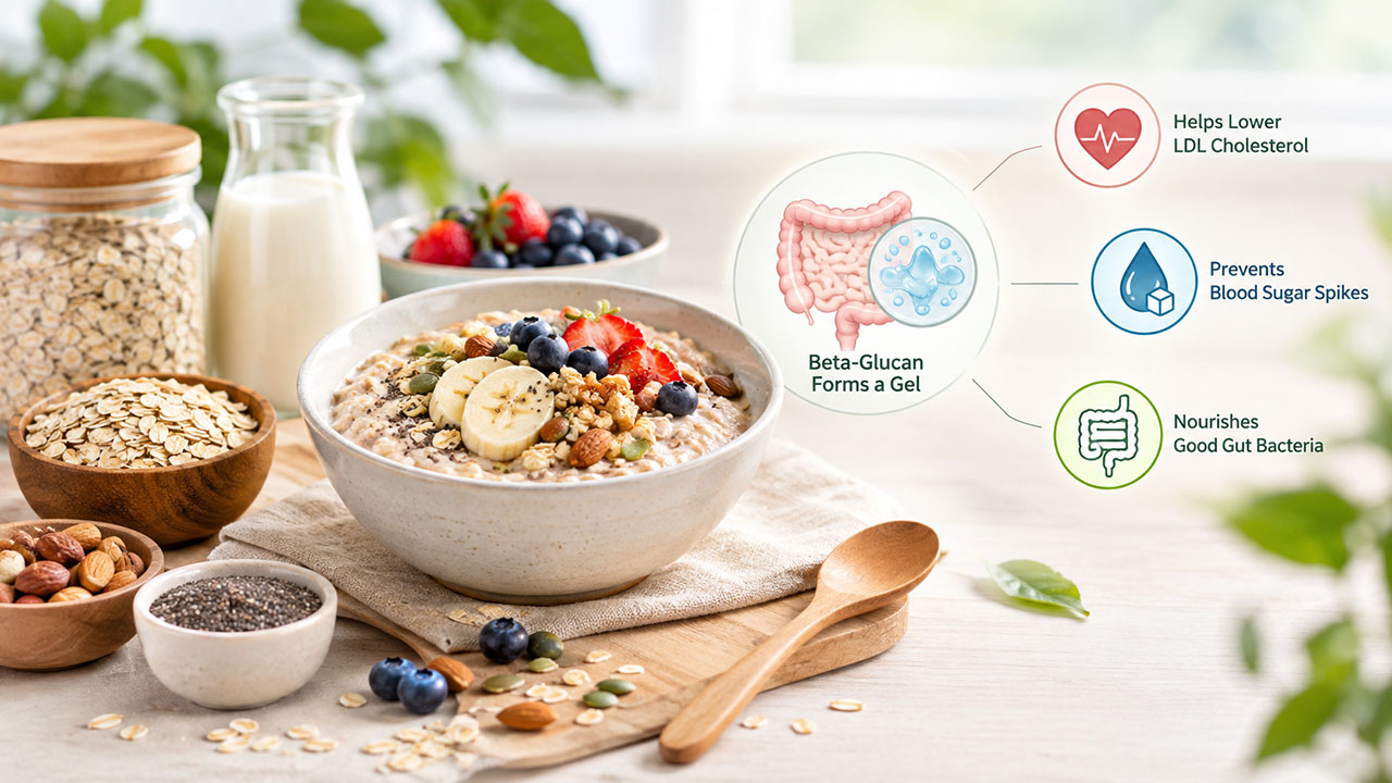 Mangkuk sarapan sehat berisi oats kaya serat beta-glukan dengan topping buah segar dan olahan gandum dipanggang