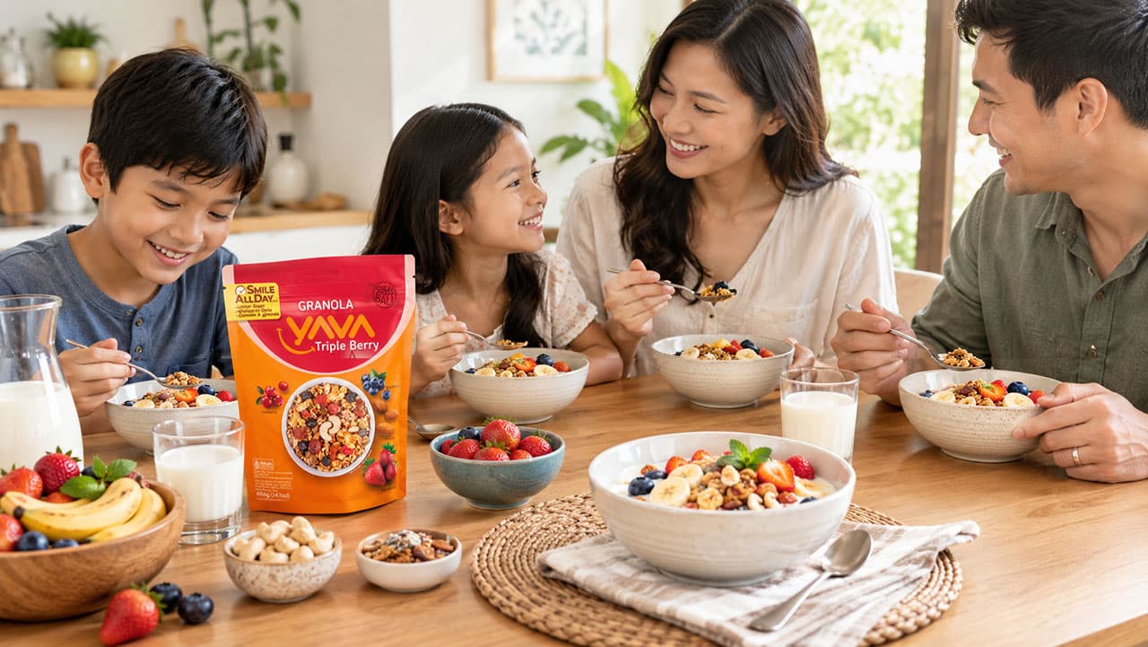 Granola YAVA disajikan dalam mangkuk dengan susu dan buah segar di meja sarapan keluarga.