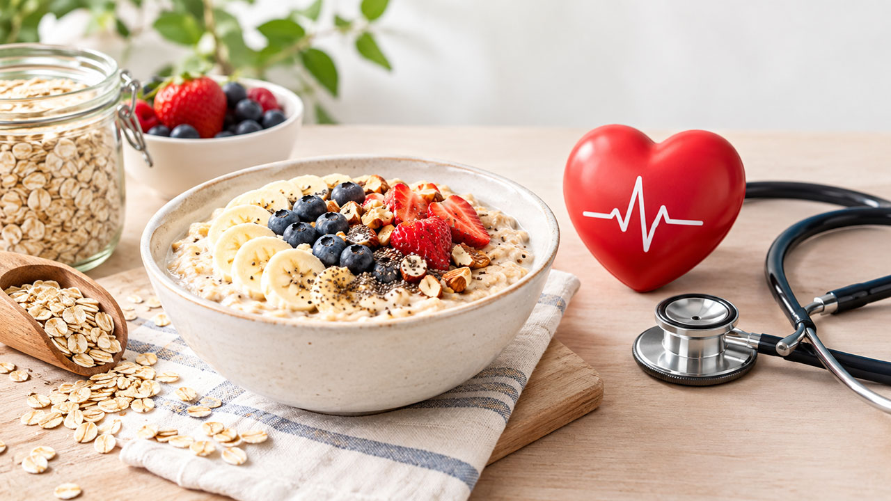 Semangkuk oatmeal dengan taburan beri segar, pisang, biji chia, dan kacang-kacangan di samping hati merah dan stetoskop, melambangkan manfaat oat bagi kesehatan jantung.