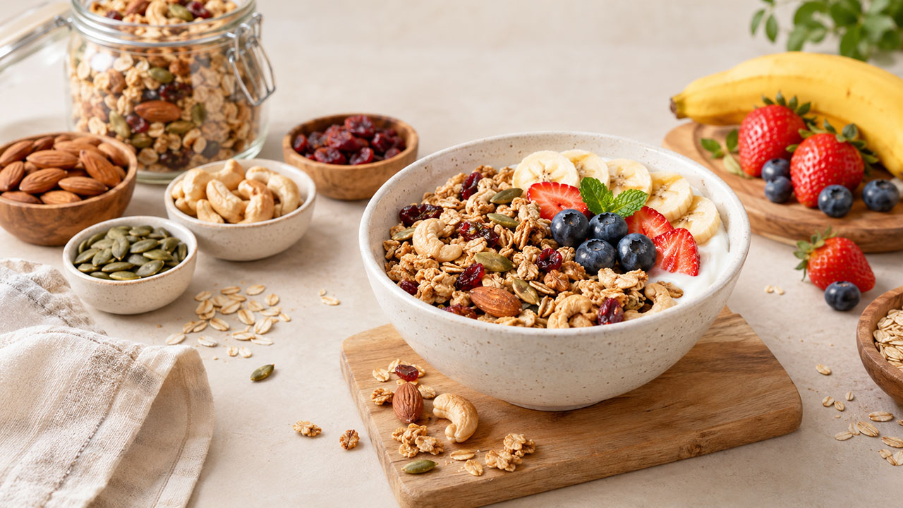 Semangkuk granola dengan yogurt, buah beri segar, pisang, kacang-kacangan, biji-bijian, dan buah kering, dikelilingi bahan granola sehat di papan kayu.