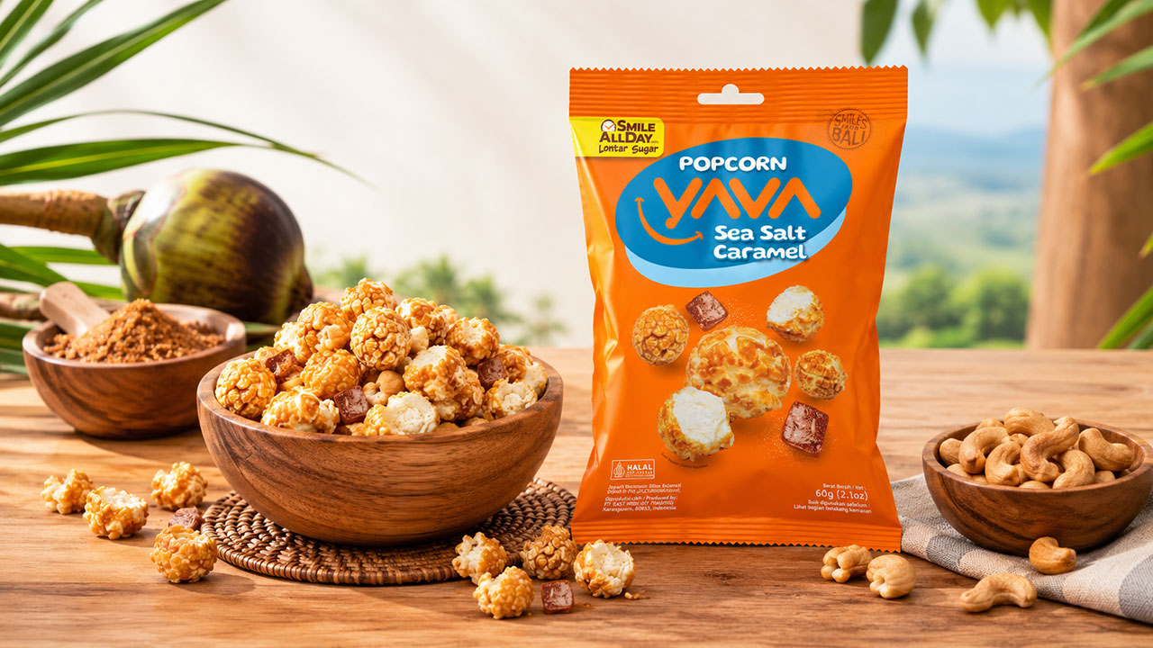 Popcorn YAVA, camilan sehat dan renyah dari biji jagung utuh pilihan dengan manis alami gula lontar dan gurihnya kacang mete Bali.