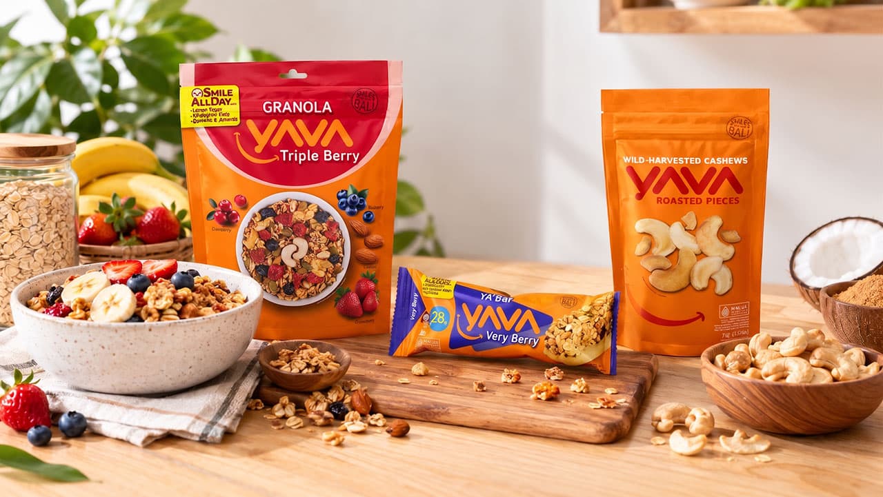 Rekomendasi Snack Sehat Lokal YAVA Berbagai varian rekomendasi snack sehat lokal dari YAVA seperti granola, YA Bar, dan kacang mete