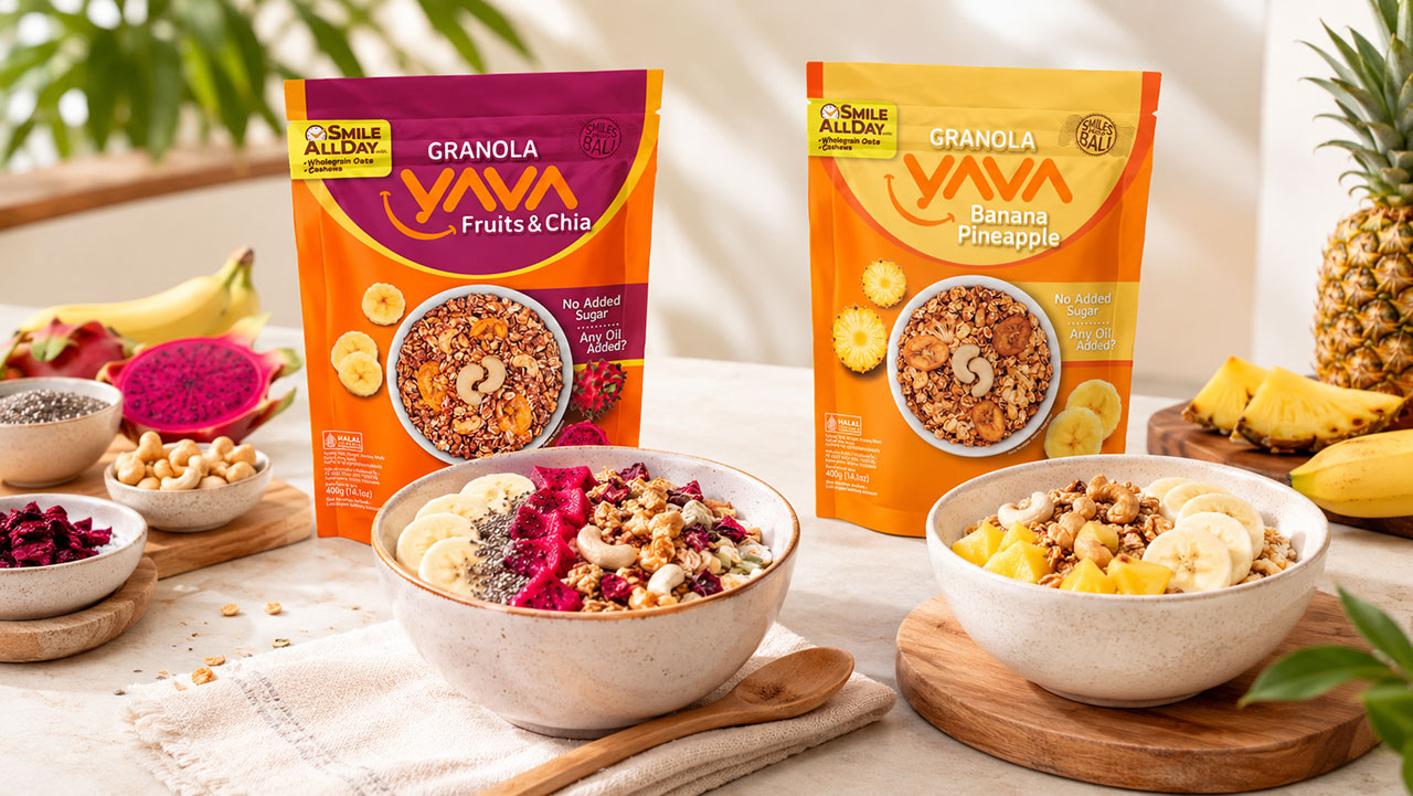 Kemasan YAVA Granola Fruits & Chia dan Banana Pineapple tanpa tambahan minyak dan gula