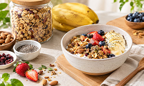 Mangkuk sarapan granola sehat berisi yogurt, pisang, buah beri, kacang-kacangan, biji-bijian, dan buah segar, dikelilingi oleh bahan-bahan granola alami.