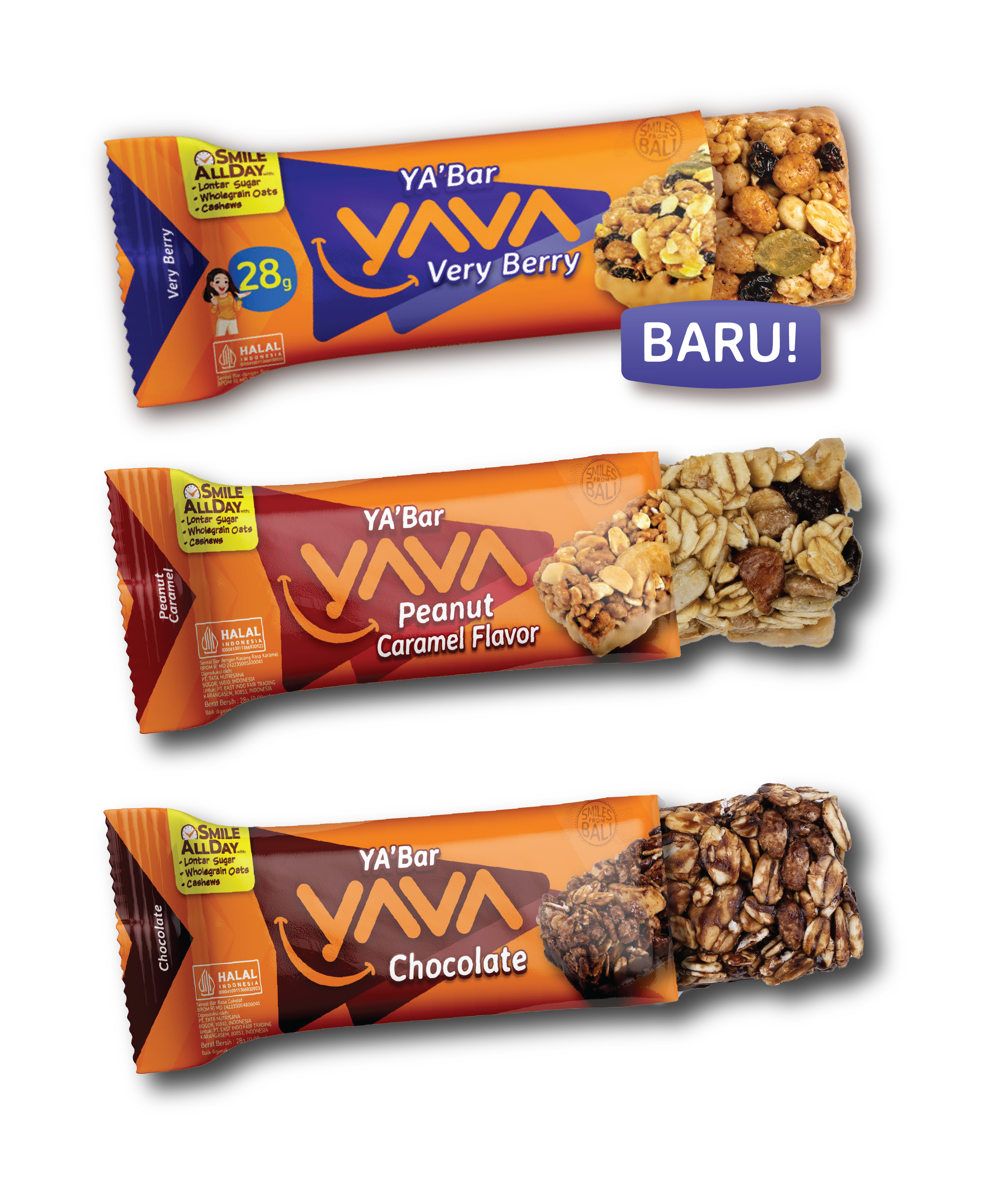 Tiga varian YA’Bar YAVA : Very Berry, Chocolate dan Peanut Caramel Flavor, dengan potongan snack bar berbahan oat di latar oranye.