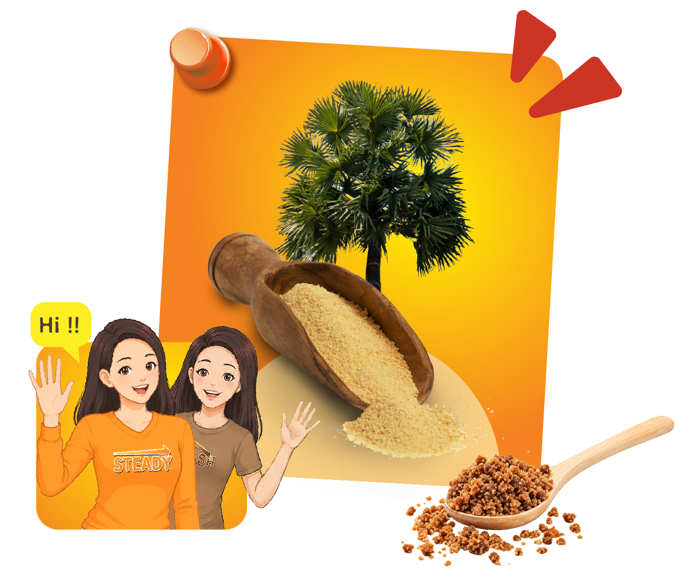 Gula Lontar YAVA Penyadap memanjat pohon lontar dengan wadah penampung nira berlatar oranye.