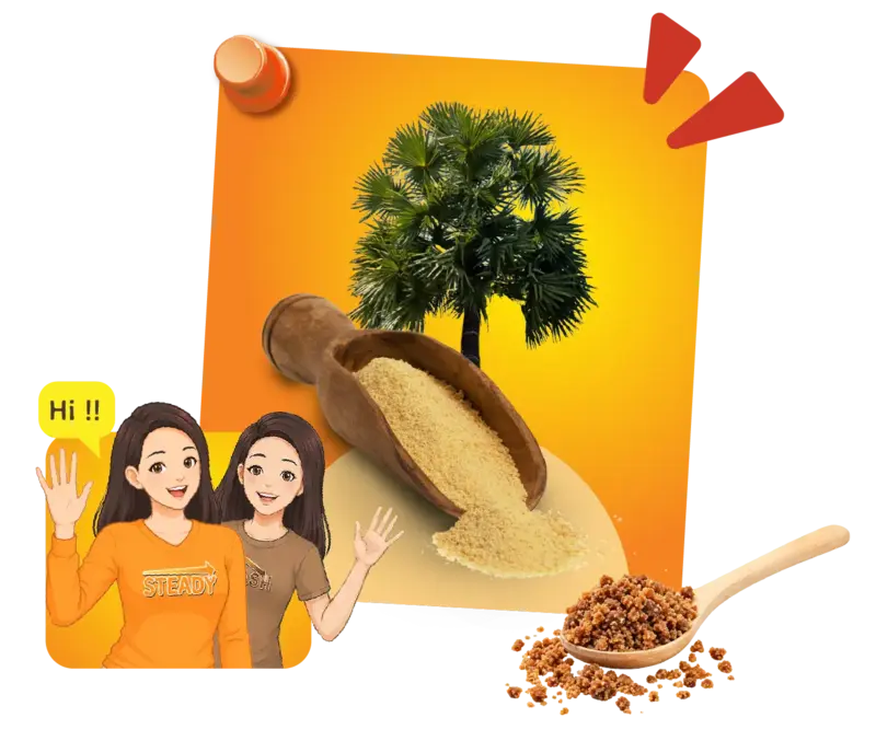 Gula Lontar YAVA Penyadap memanjat pohon lontar dengan wadah penampung nira berlatar oranye.