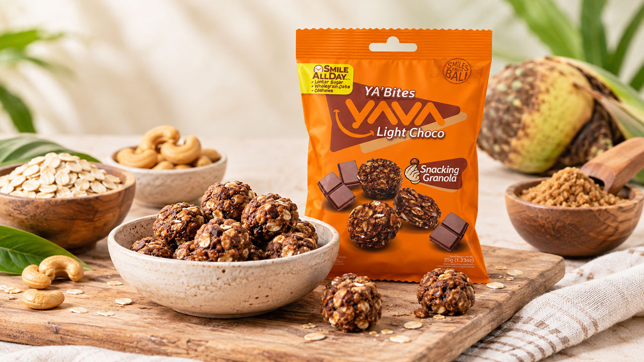 yabites-yava-camilan-granola-mini-sehat YA’Bites YAVA, camilan granola mini renyah berbentuk bulat dari rolled oats, kacang mete Bali, dan pemanis alami gula lontar.